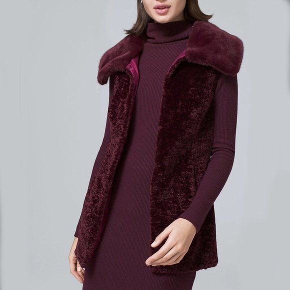 WHBM NWT Textured Faux-Fur Vest Burgundy Cabernet L - Picture 1 of 8